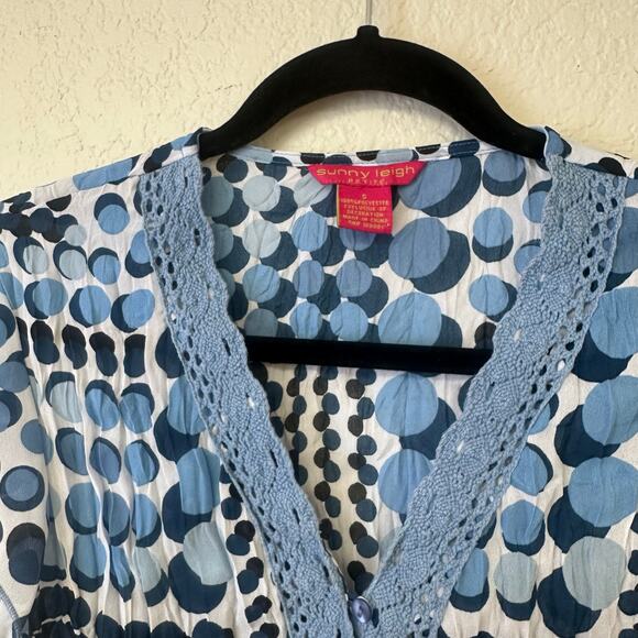 Y2k Sunny Leigh Polka Dot V-Neck Short Sleeve Top Blue Size Small - Picture 2 of 5